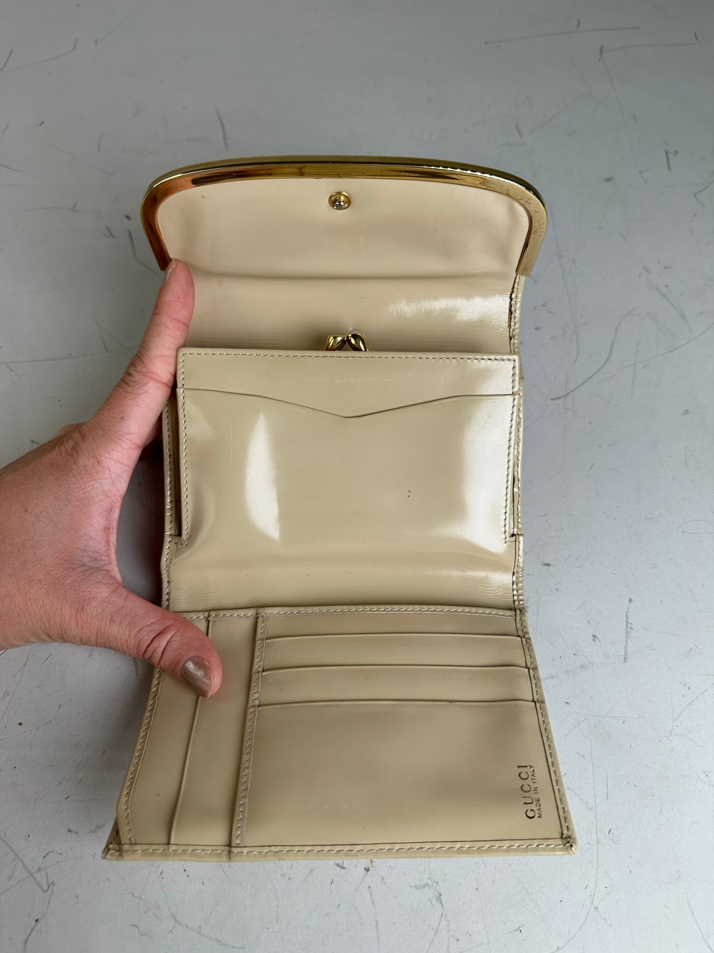 Vintage Gucci Patent Leather Clutch Cream Gold