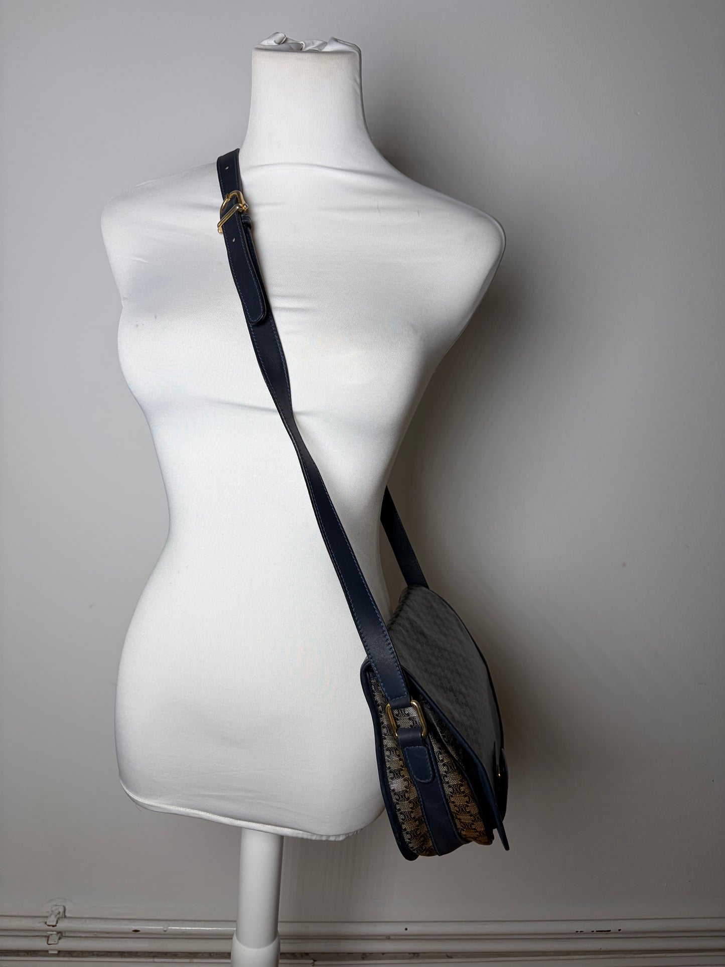 Vintage Celine C Monogram Canvas Shoulder Bag Navy Beige