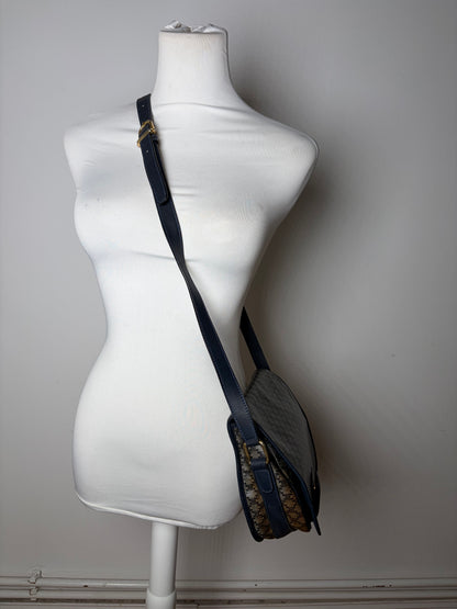 Vintage Celine C Monogram Canvas Shoulder Bag Navy Beige