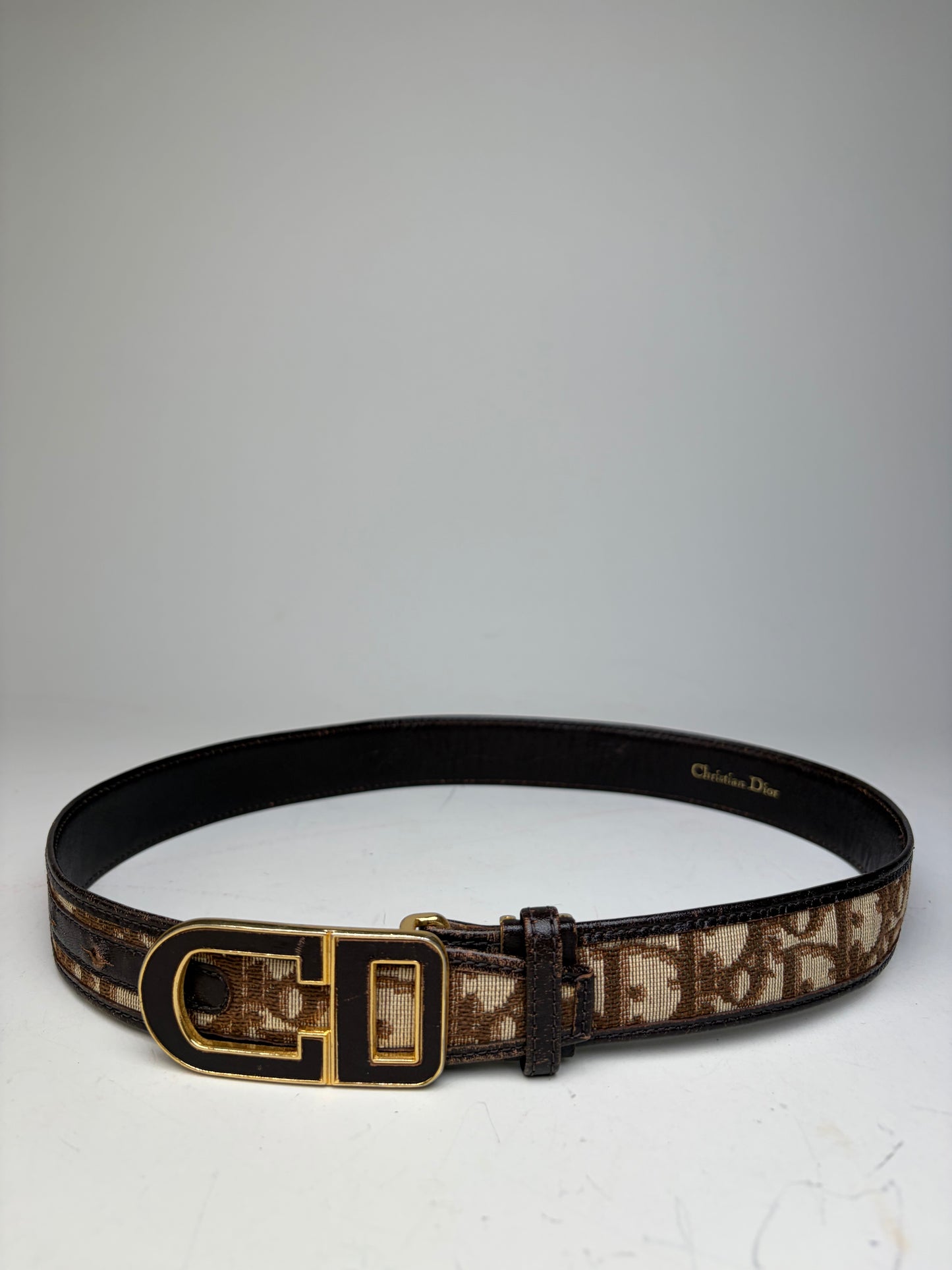 Vintage Dior CD Monogram Jacquard Belt Beige Brown Gold