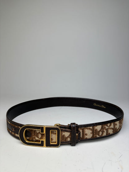 Vintage Dior CD Monogram Jacquard Belt Beige Brown Gold