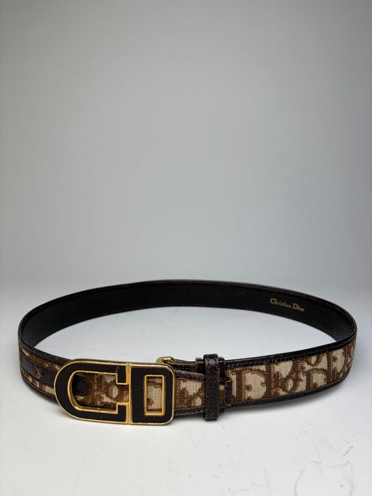 Vintage Dior CD Monogram Jacquard Belt Beige Brown Gold