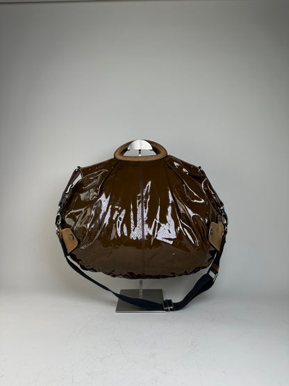 Vintage Marni Patent Shoulder Bag Brown Suede Accents Silver