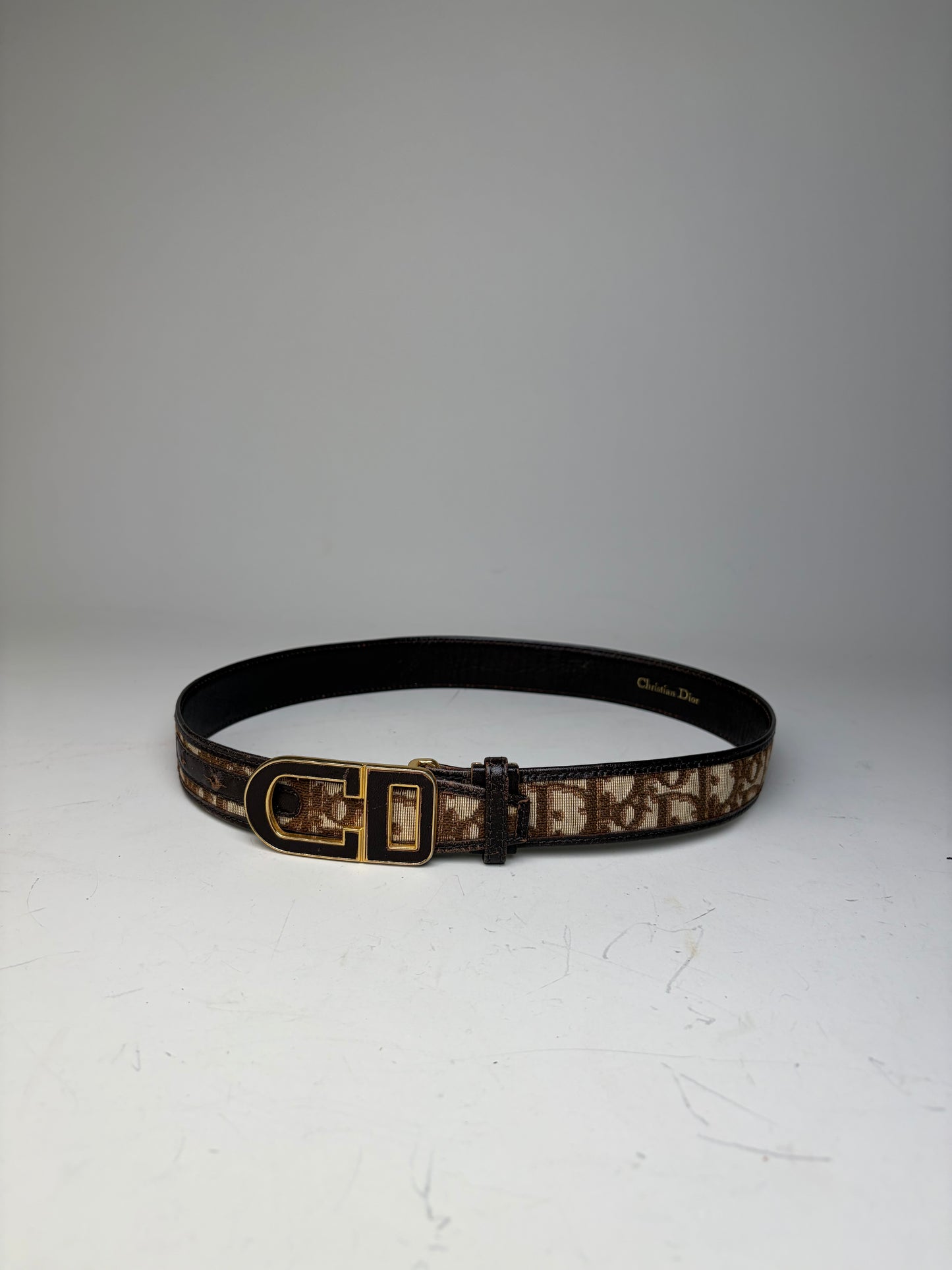 Vintage Dior CD Monogram Jacquard Belt Beige Brown Gold