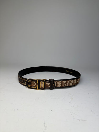 Vintage Dior CD Monogram Jacquard Belt Beige Brown Gold