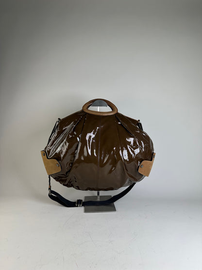 Vintage Marni Patent Shoulder Bag Brown Suede Accents Silver
