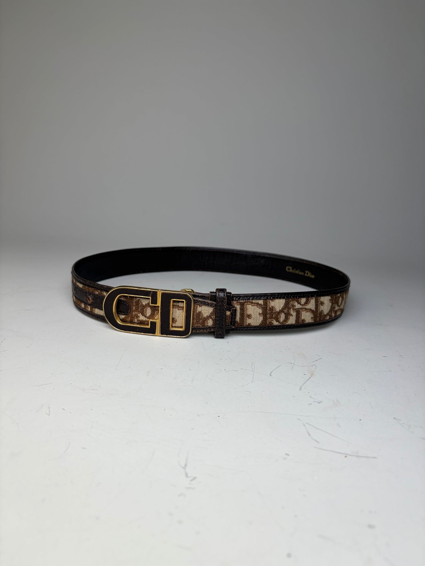 Vintage Dior CD Monogram Jacquard Belt Beige Brown Gold