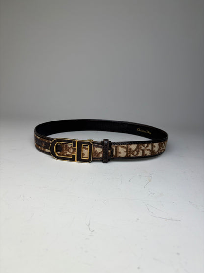 Vintage Dior CD Monogram Jacquard Belt Beige Brown Gold