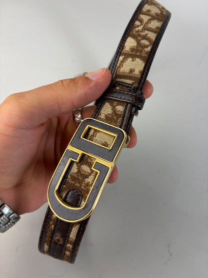Vintage Dior CD Monogram Jacquard Belt Beige Brown Gold