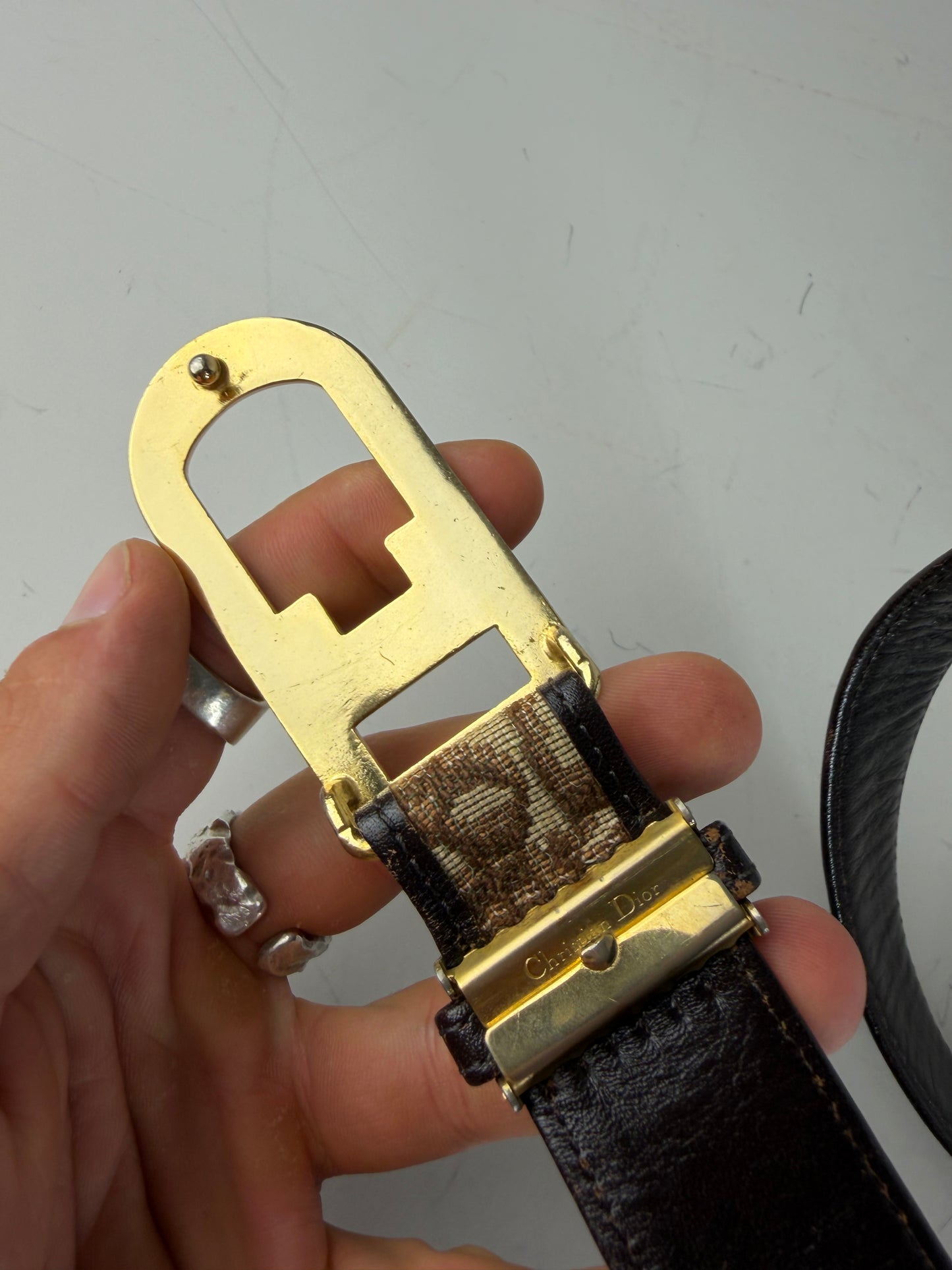 Vintage Dior CD Monogram Jacquard Belt Beige Brown Gold