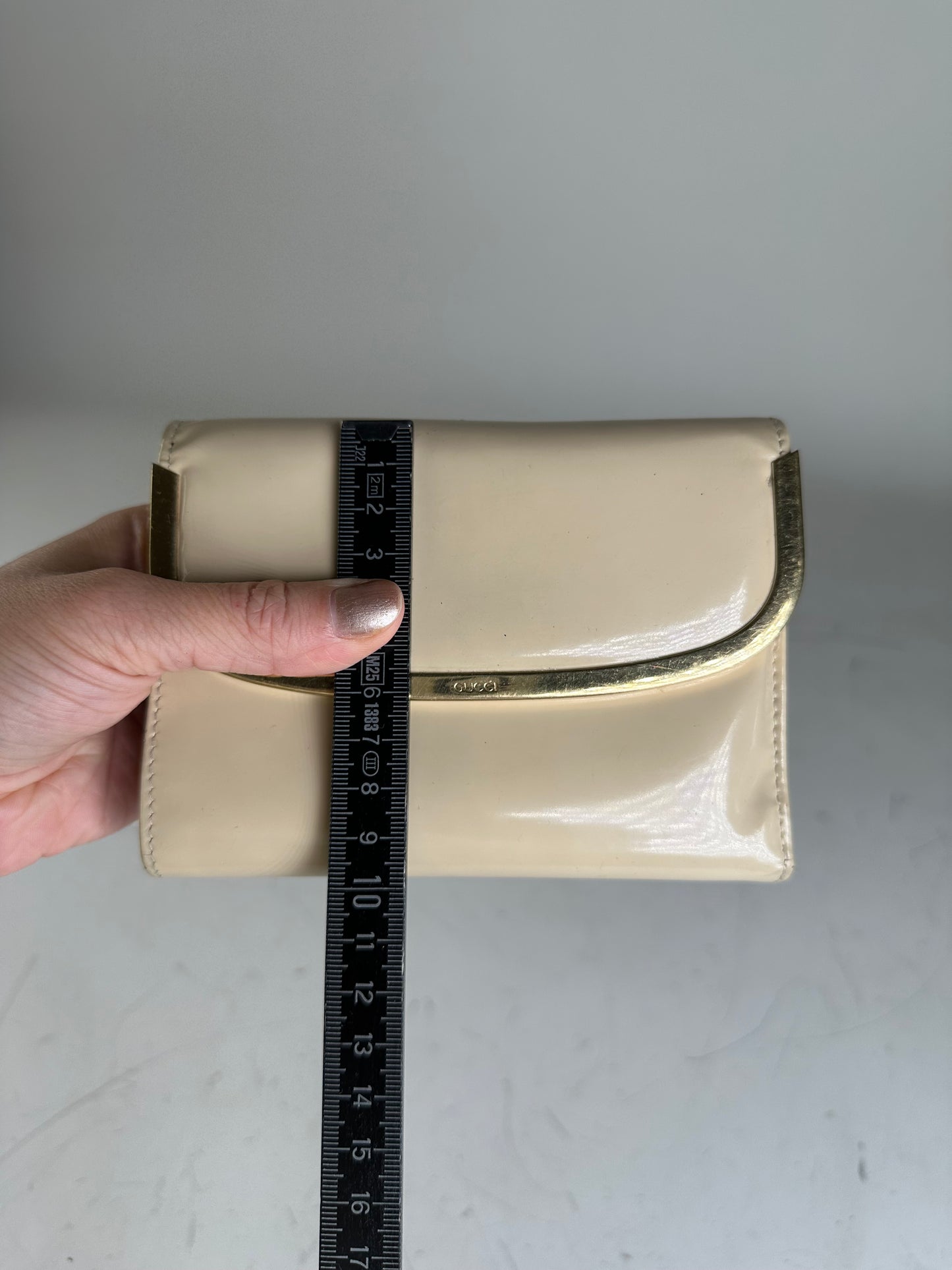 Vintage Gucci Patent Leather Clutch Cream Gold