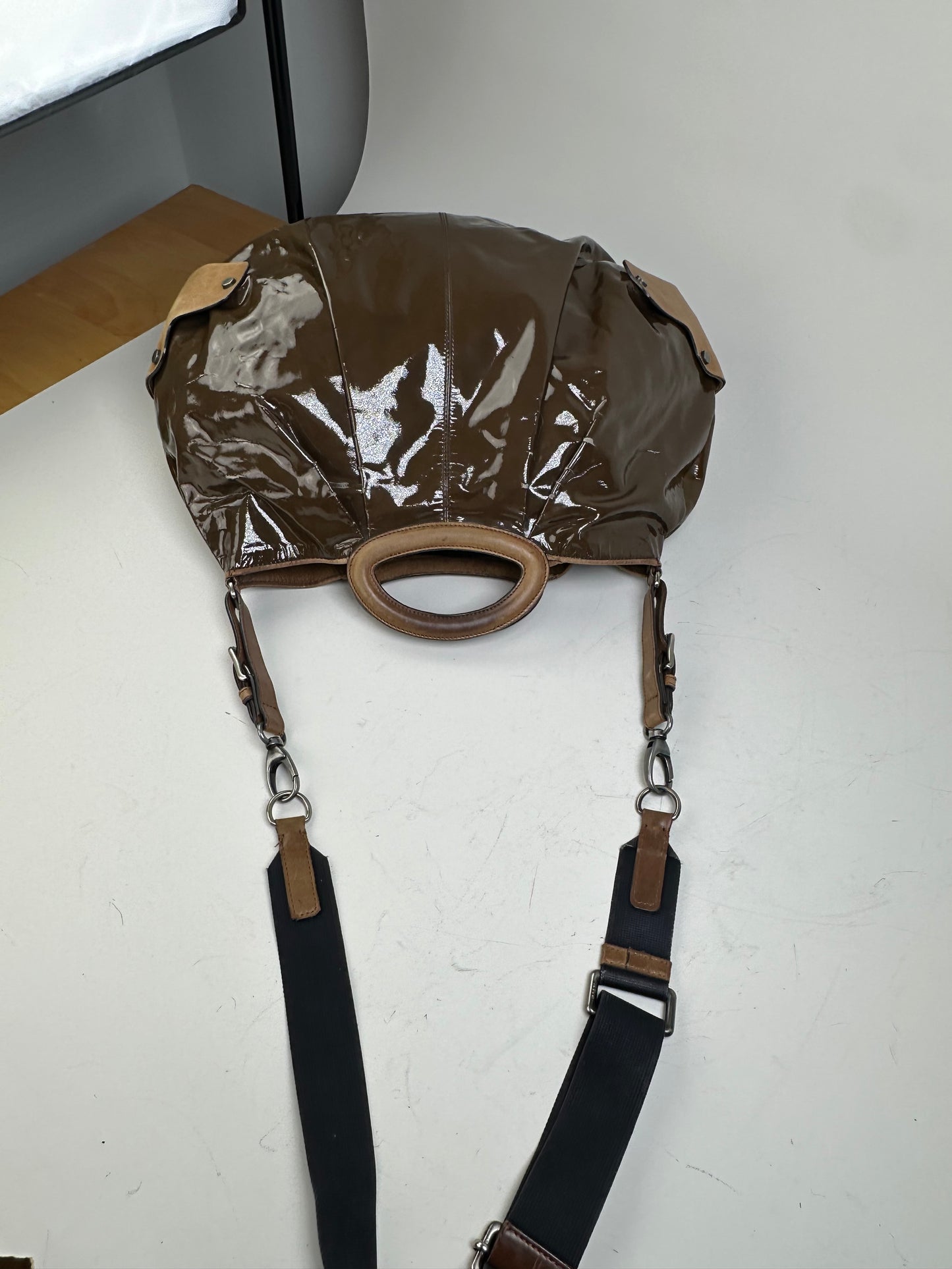 Vintage Marni Patent Shoulder Bag Brown Suede Accents Silver