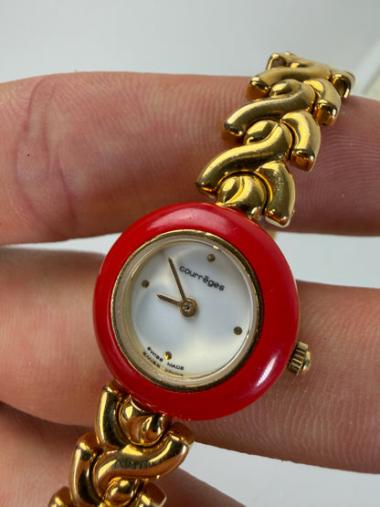 Vintage Courreges Chain Bracelet Watch Red Gold