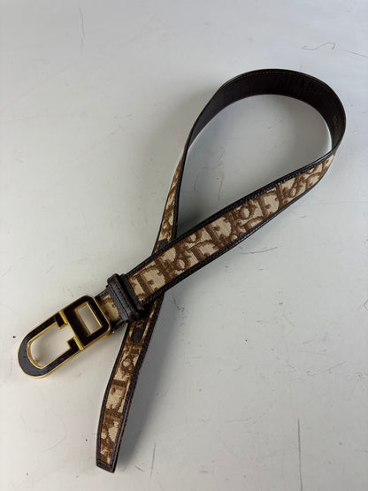 Vintage Dior CD Monogram Jacquard Belt Beige Brown Gold