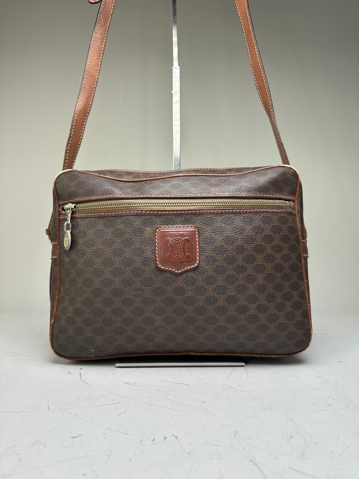 Vintage Celine Monogram Canvas Shoulder Bag Brown Tan