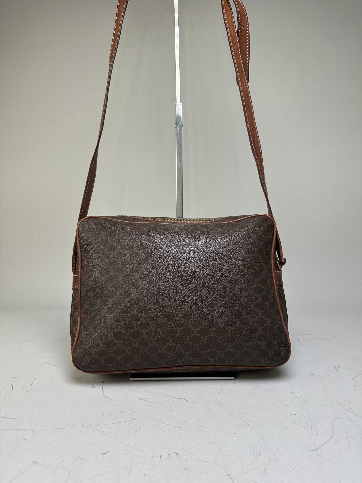 Vintage Celine Monogram Canvas Shoulder Bag Brown Tan