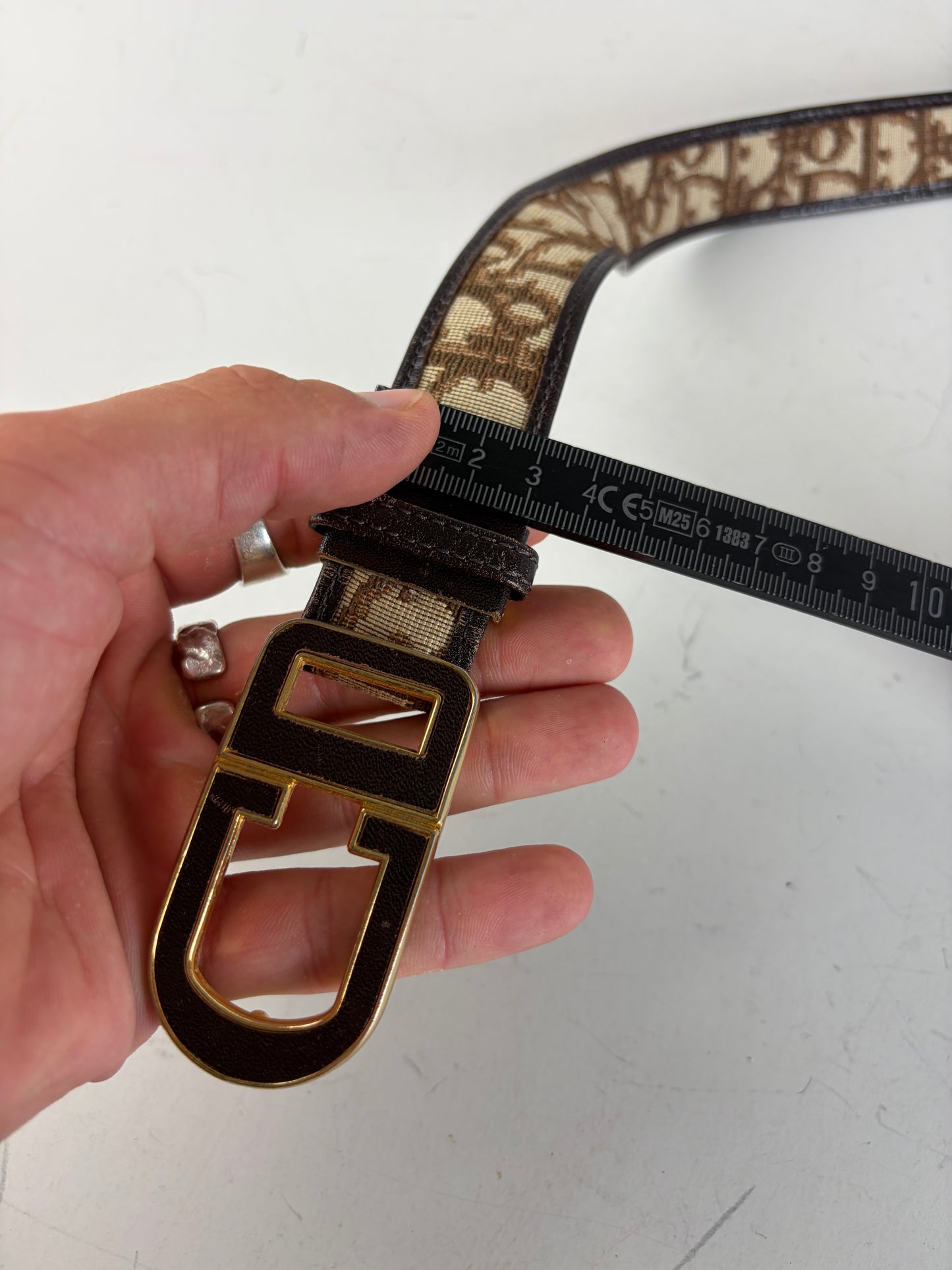 Vintage Dior CD Monogram Jacquard Belt Beige Brown Gold