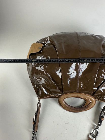 Vintage Marni Patent Shoulder Bag Brown Suede Accents Silver