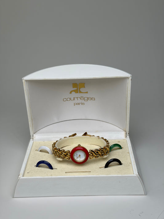 Vintage Courreges Chain Bracelet Watch Red Gold