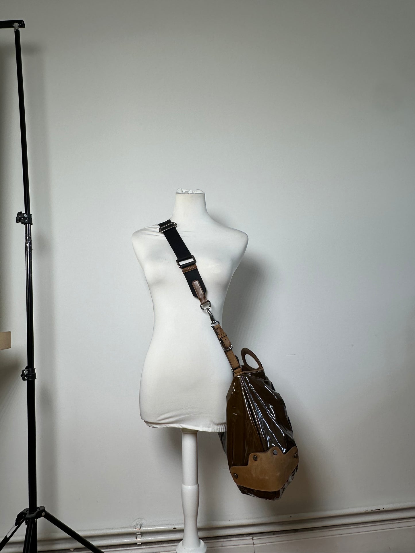 Vintage Marni Patent Shoulder Bag Brown Suede Accents Silver