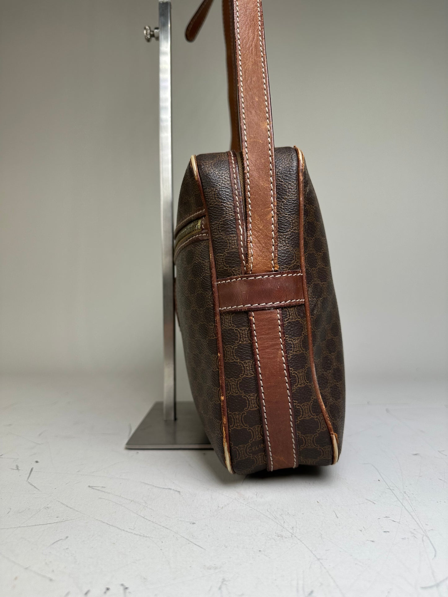 Vintage Celine Monogram Canvas Shoulder Bag Brown Tan