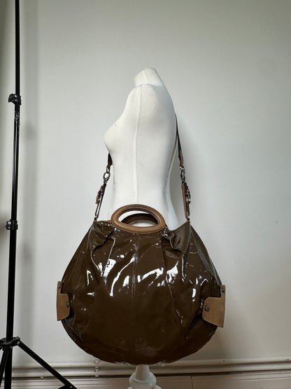 Vintage Marni Patent Shoulder Bag Brown Suede Accents Silver