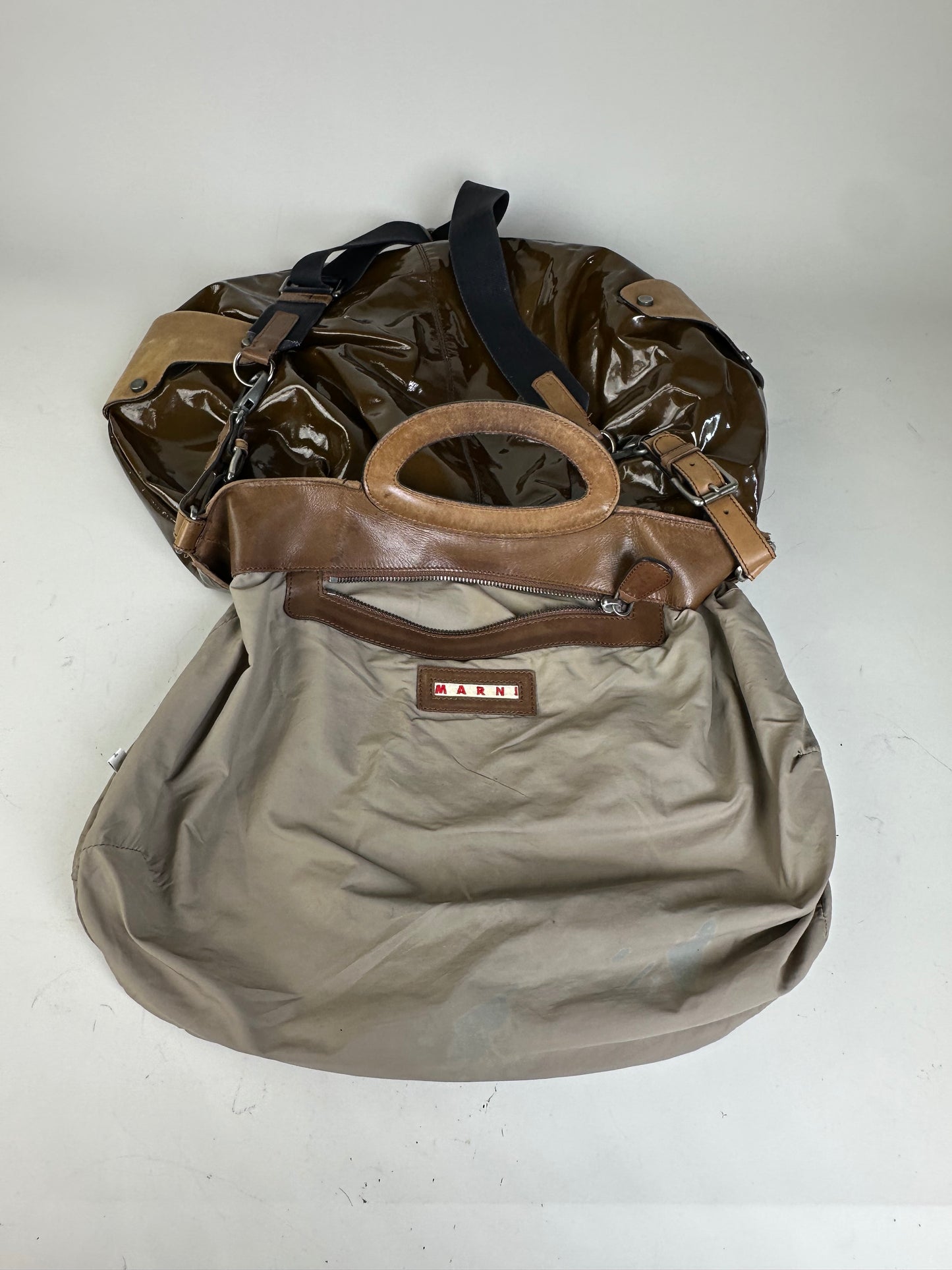 Vintage Marni Patent Shoulder Bag Brown Suede Accents Silver