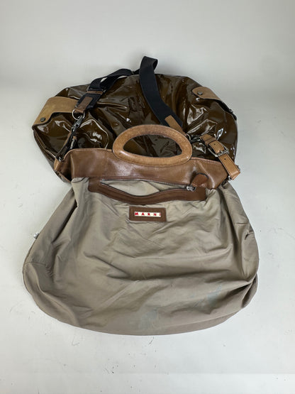 Vintage Marni Patent Shoulder Bag Brown Suede Accents Silver