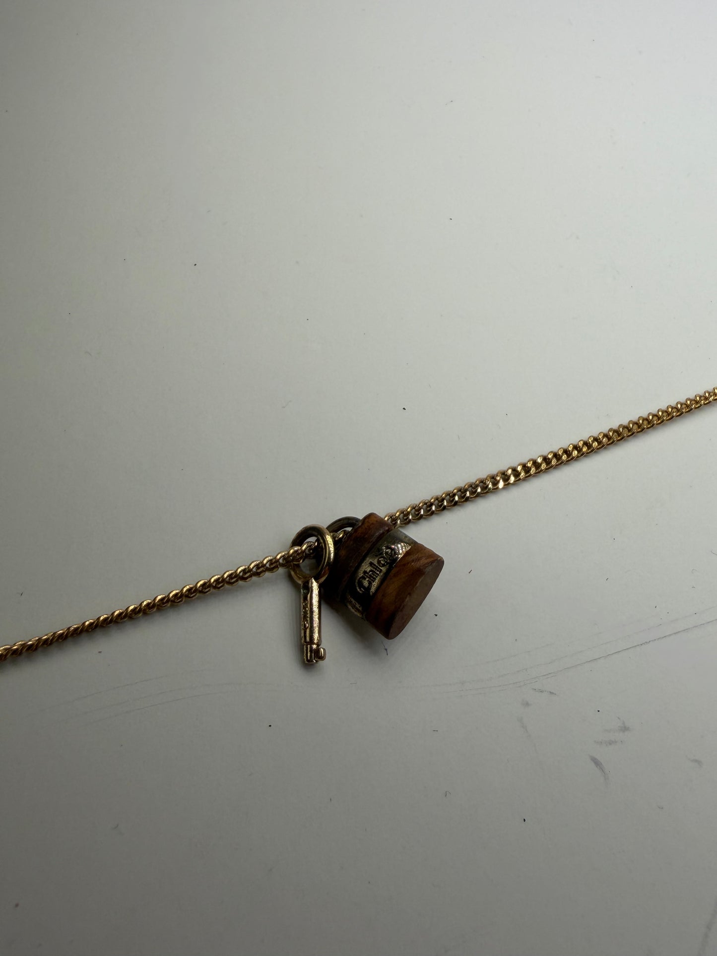 Vintage Chloe Lock and Key Charm Necklace Gold-Tone Chain