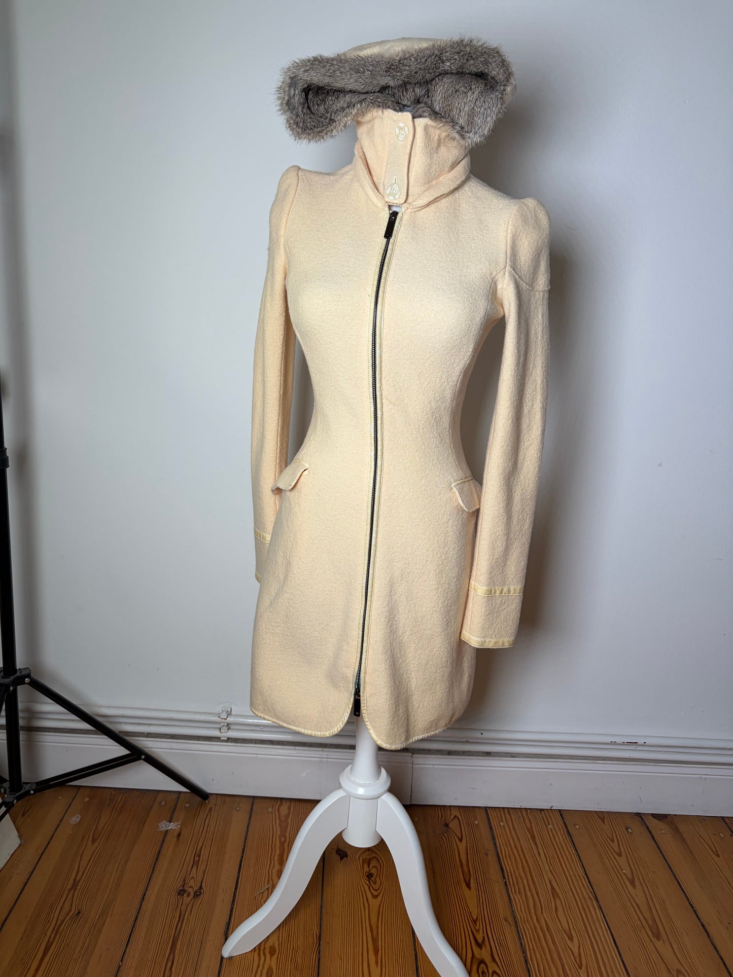 Vintage Armani Wool Blend Coat Fur Trim Cream M