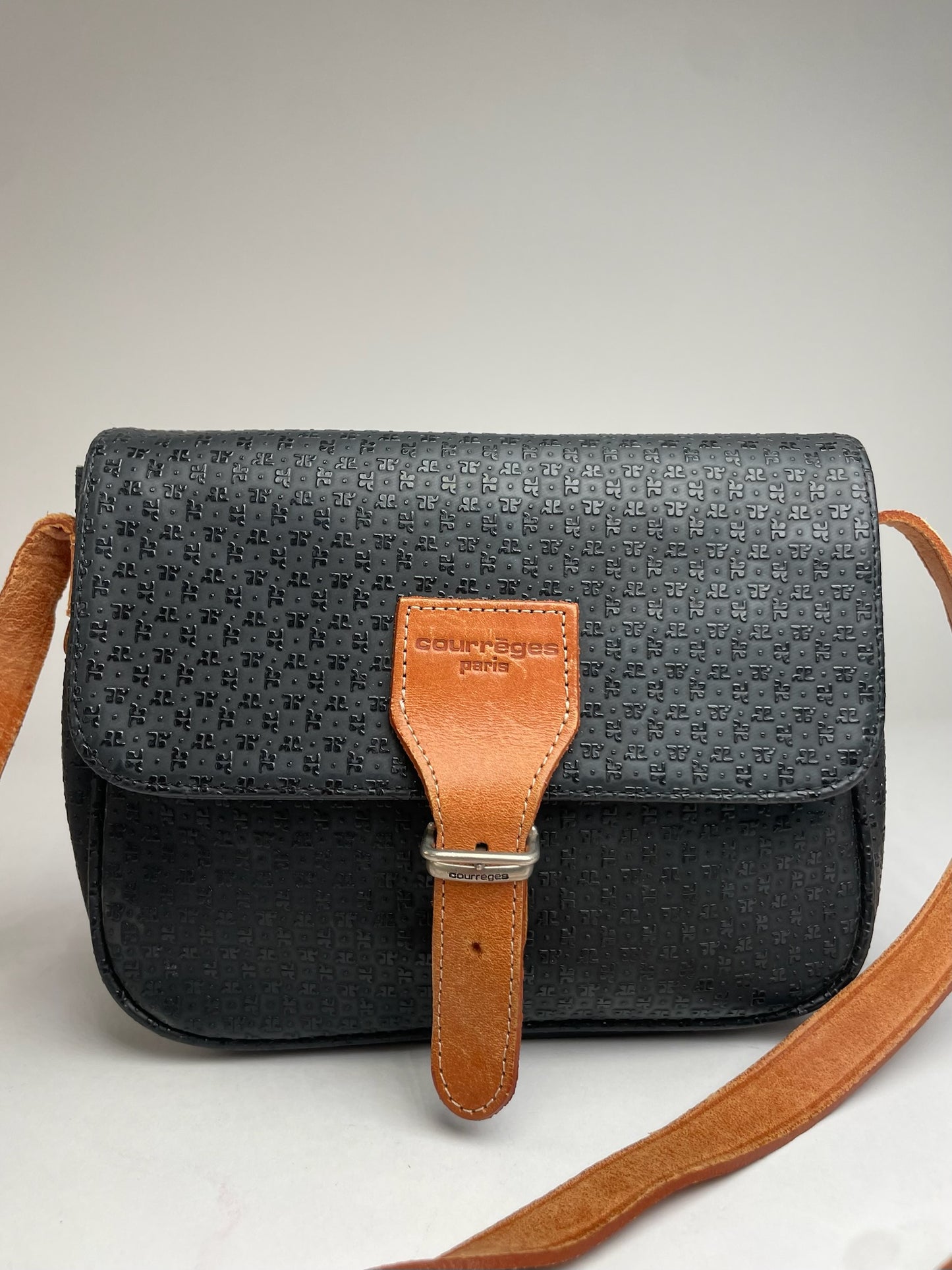 Vintage Courreges Leather Monogram Shoulder Bag Black Brown