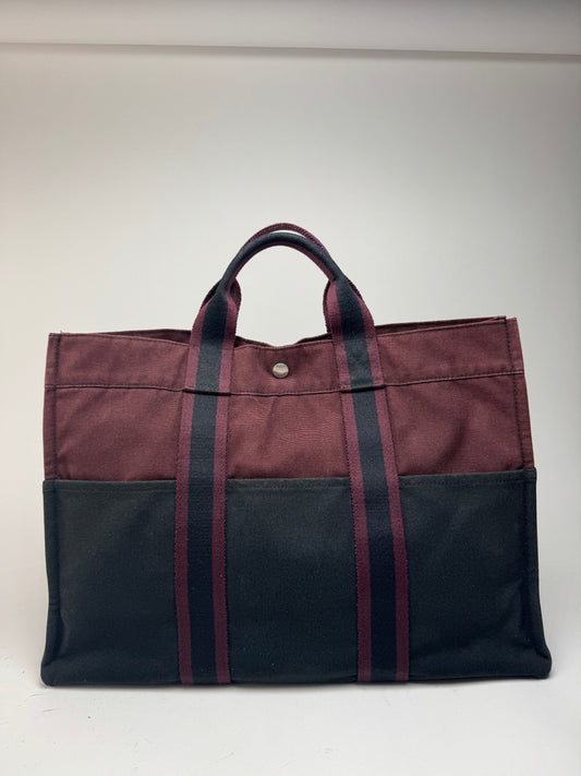 Sac cabas vintage Hermès en toile bordeaux noir