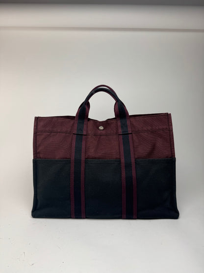 Vintage Hermes Canvas Shopper Bag burhundy Black