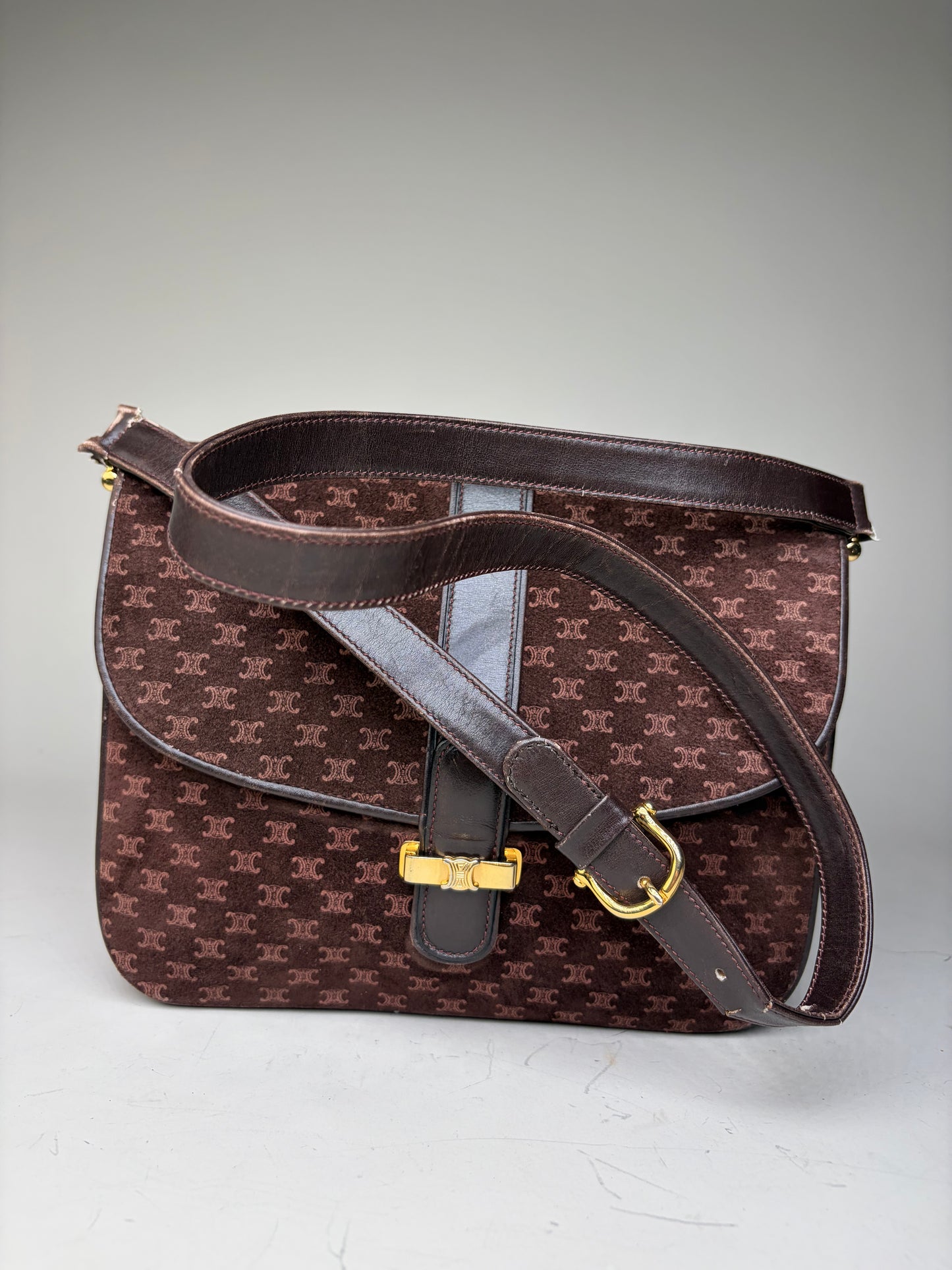 Vintage Celine Monogram Canvas Shoulder Bag Brown Gold