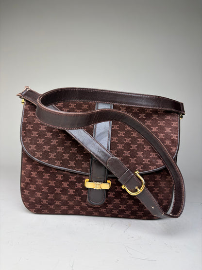Vintage Celine Monogram Canvas Shoulder Bag Brown Gold