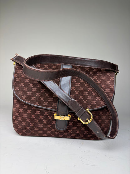 Vintage Celine Monogram Canvas Shoulder Bag Brown Gold