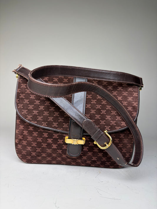 Vintage Celine Monogram Canvas Shoulder Bag Brown Gold