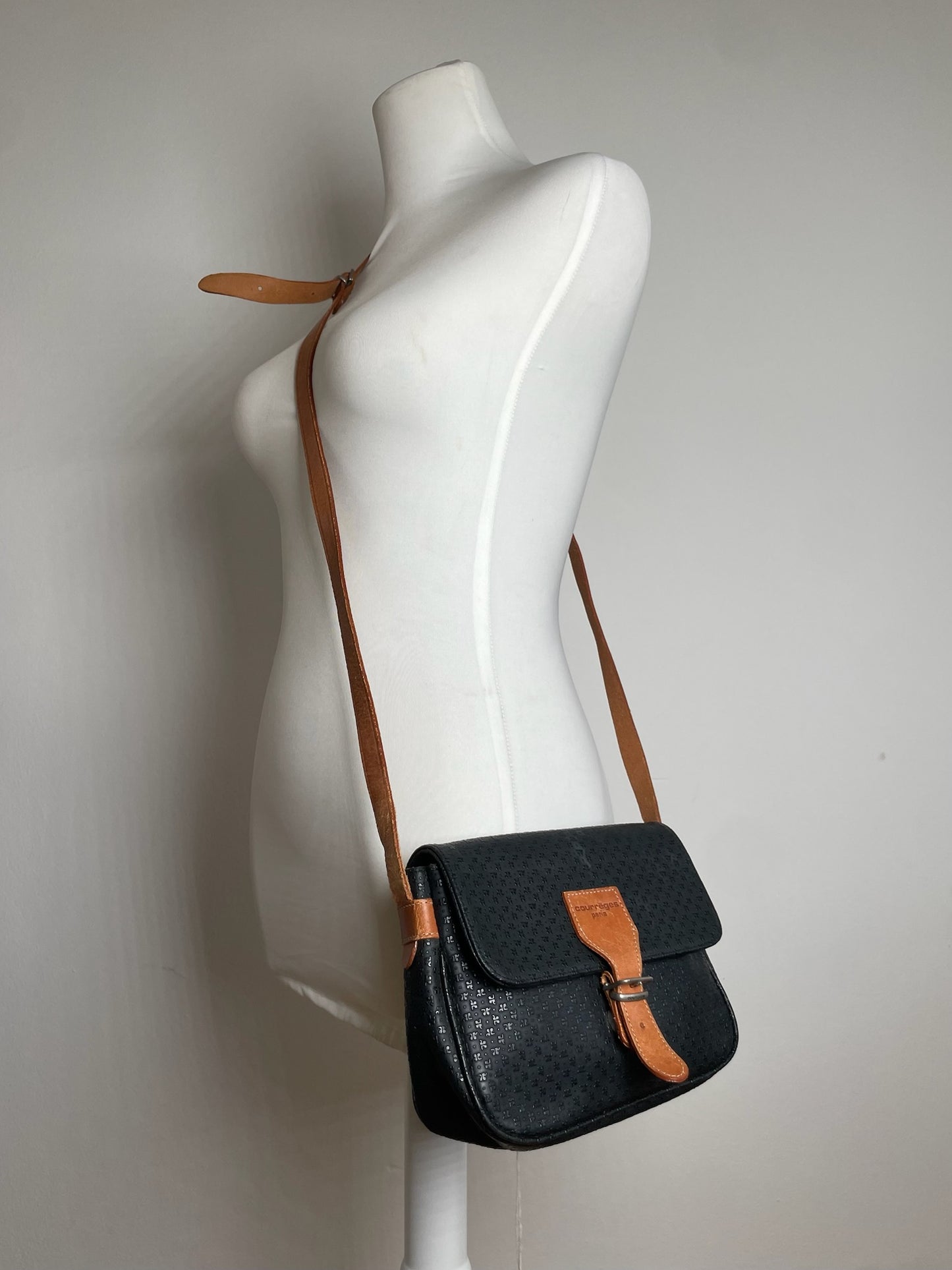 Vintage Courreges Leather Monogram Shoulder Bag Black Brown