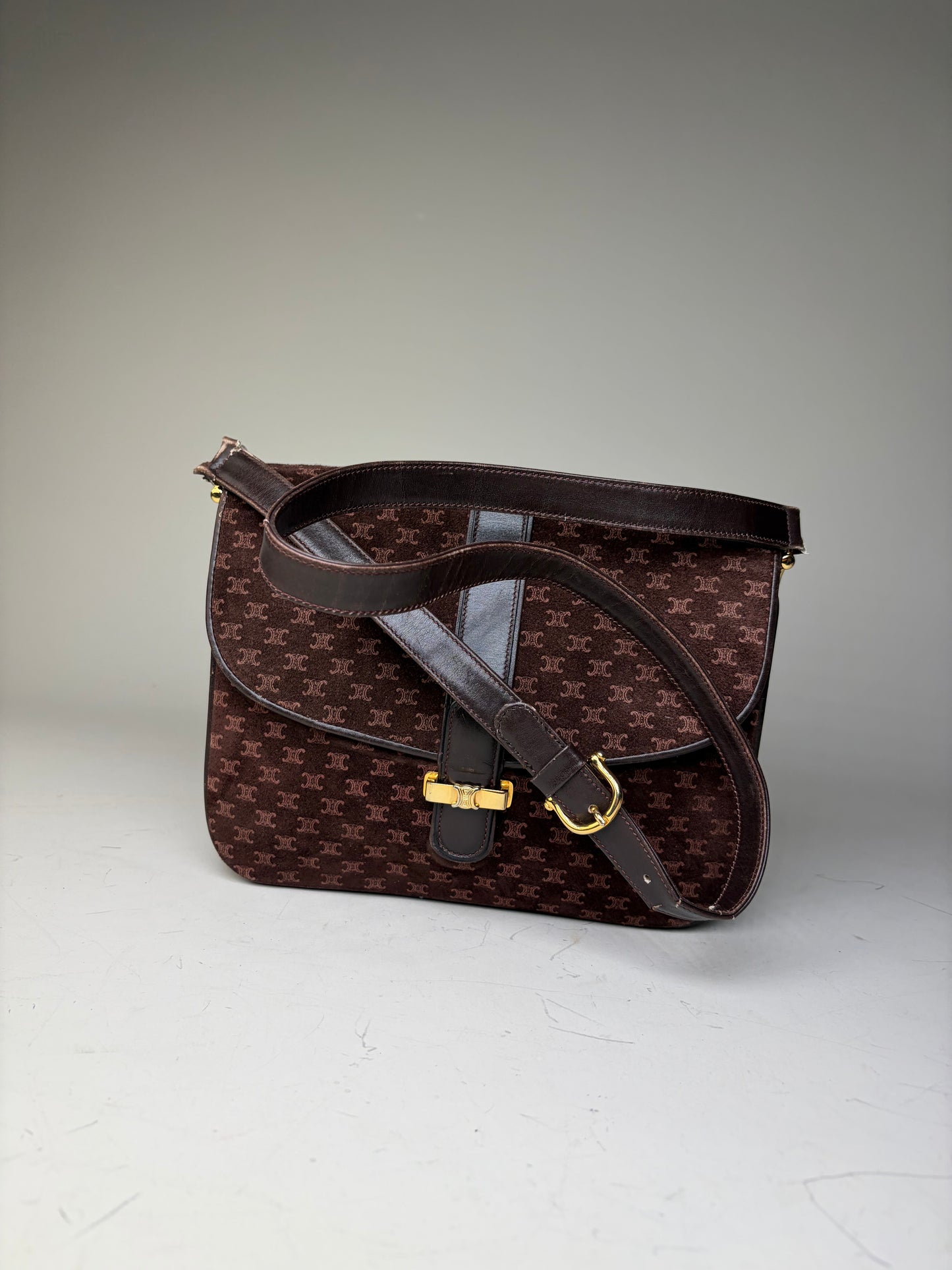 Vintage Celine Monogram Canvas Shoulder Bag Brown Gold