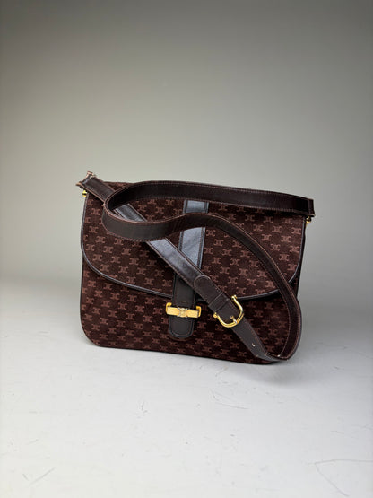 Vintage Celine Monogram Canvas Shoulder Bag Brown Gold