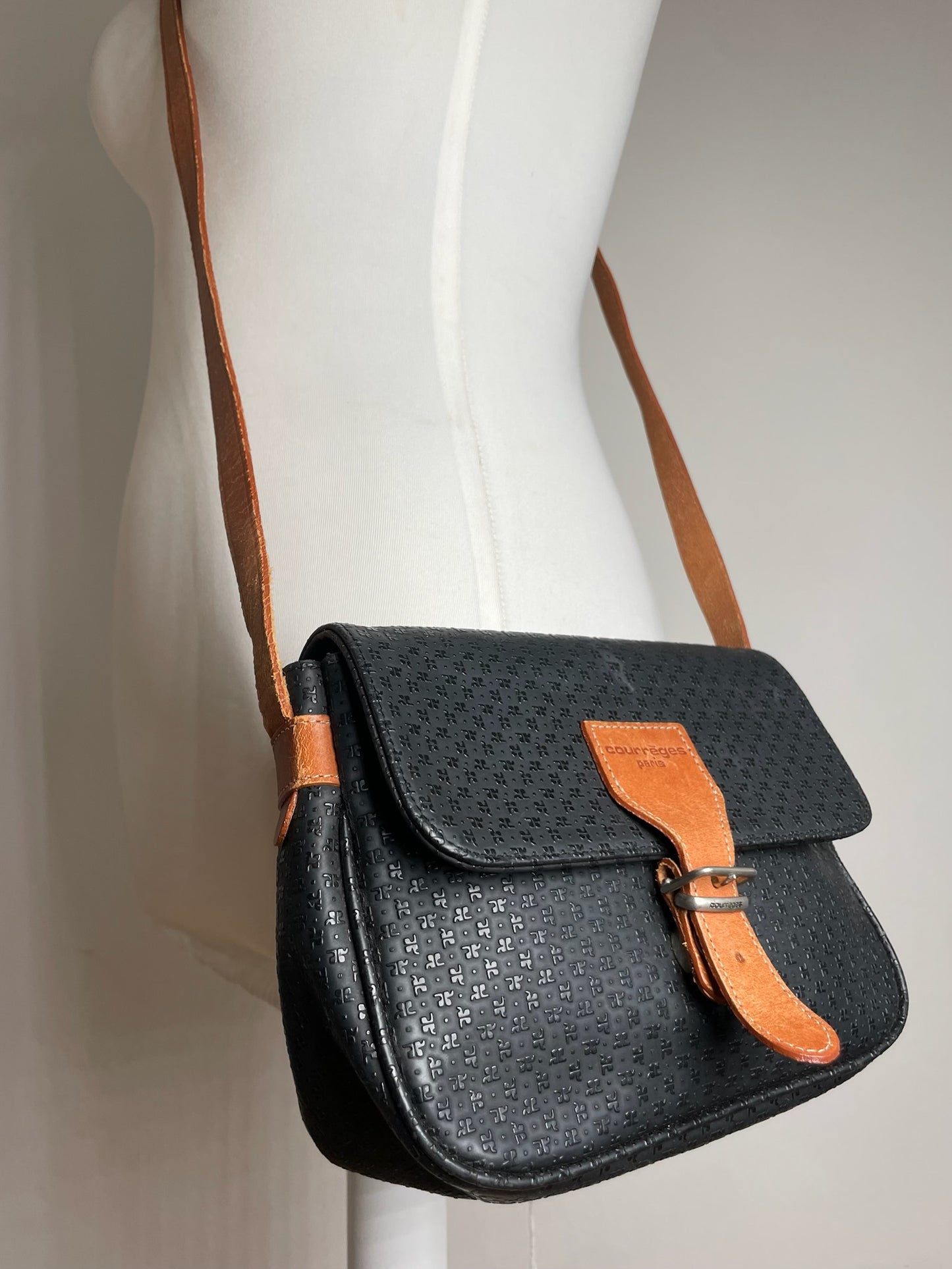 Vintage Courreges Leather Monogram Shoulder Bag Black Brown