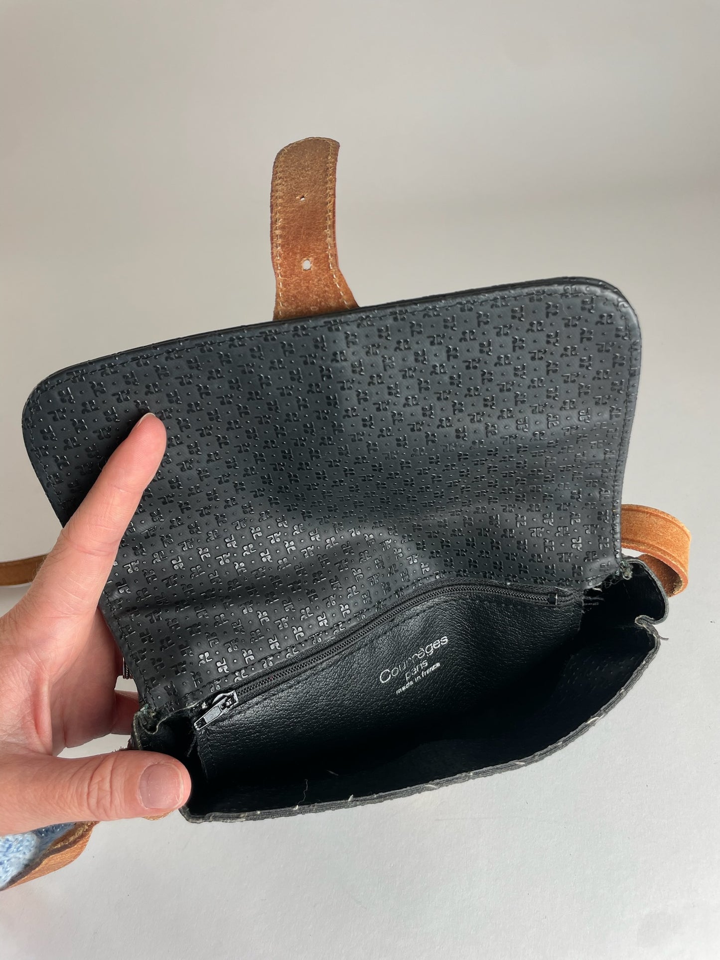 Vintage Courreges Leather Monogram Shoulder Bag Black Brown