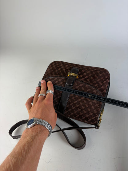 Vintage Celine Monogram Canvas Shoulder Bag Brown Gold