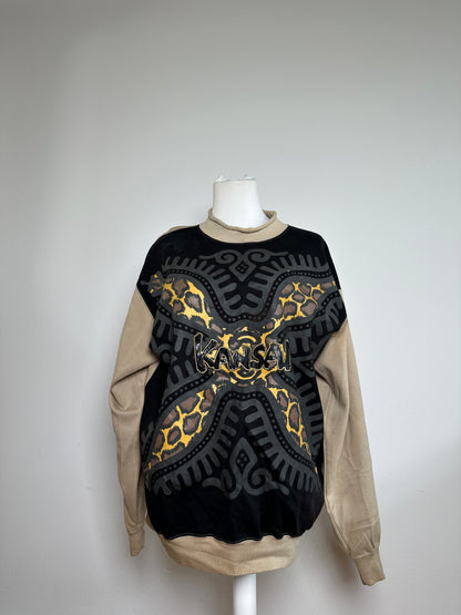 Vintage Kansai Yamamoto Crewneck Sweater Beige Black Abstract M