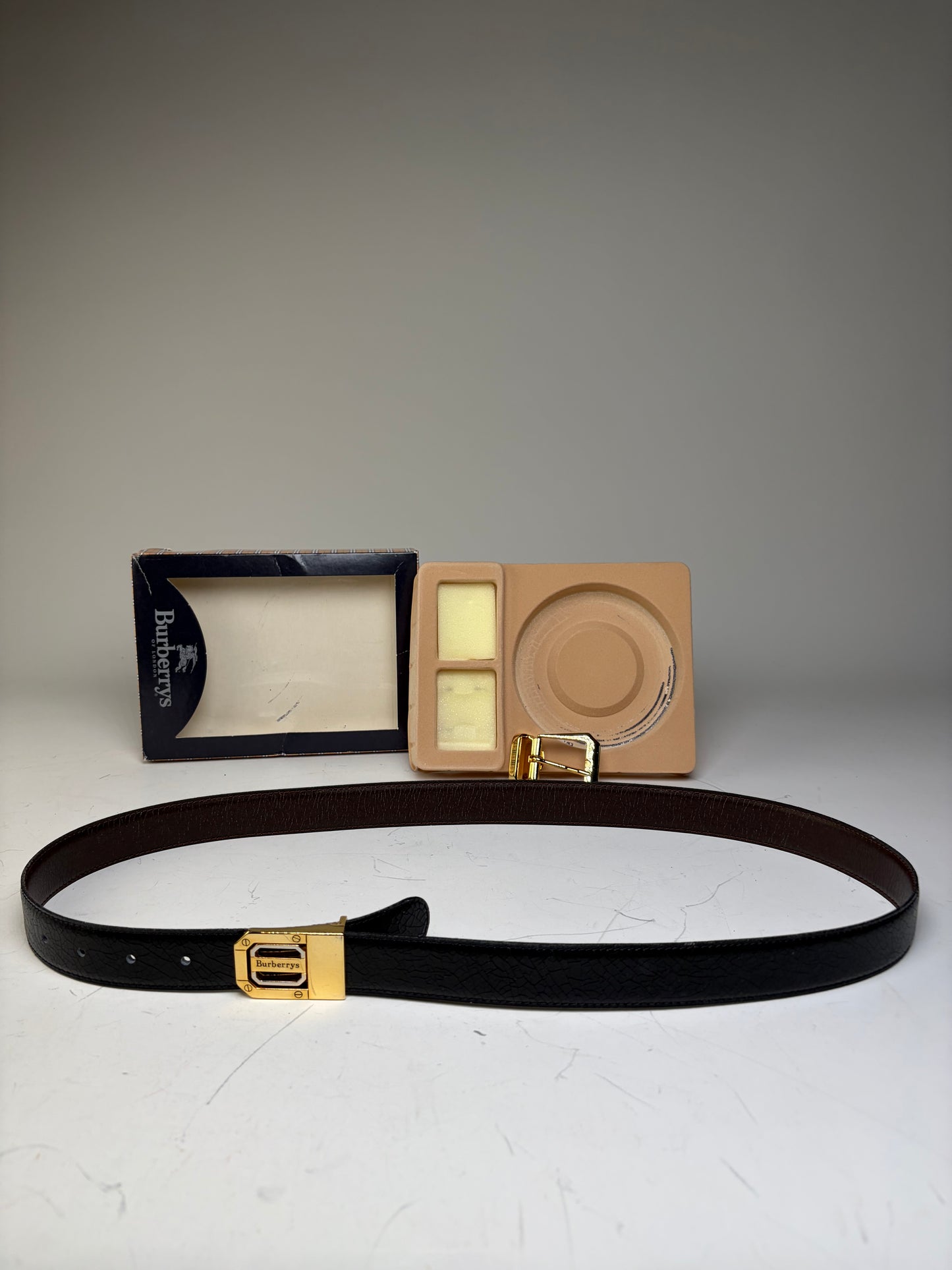 Vintage Burberry Leather Logo Belt Black Brown Gold