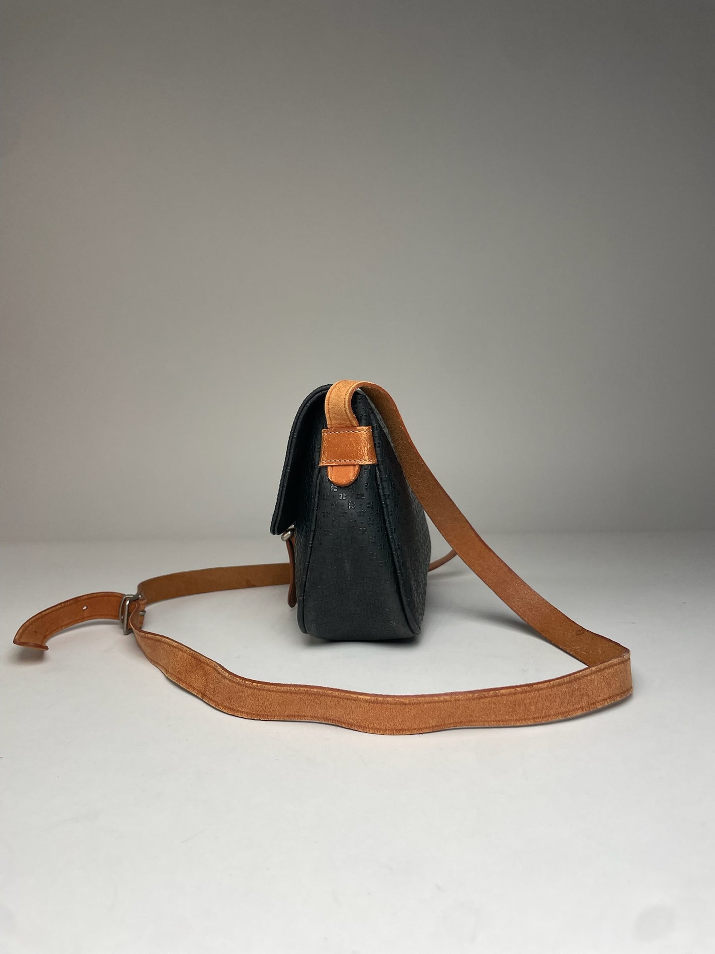 Vintage Courreges Leather Monogram Shoulder Bag Black Brown