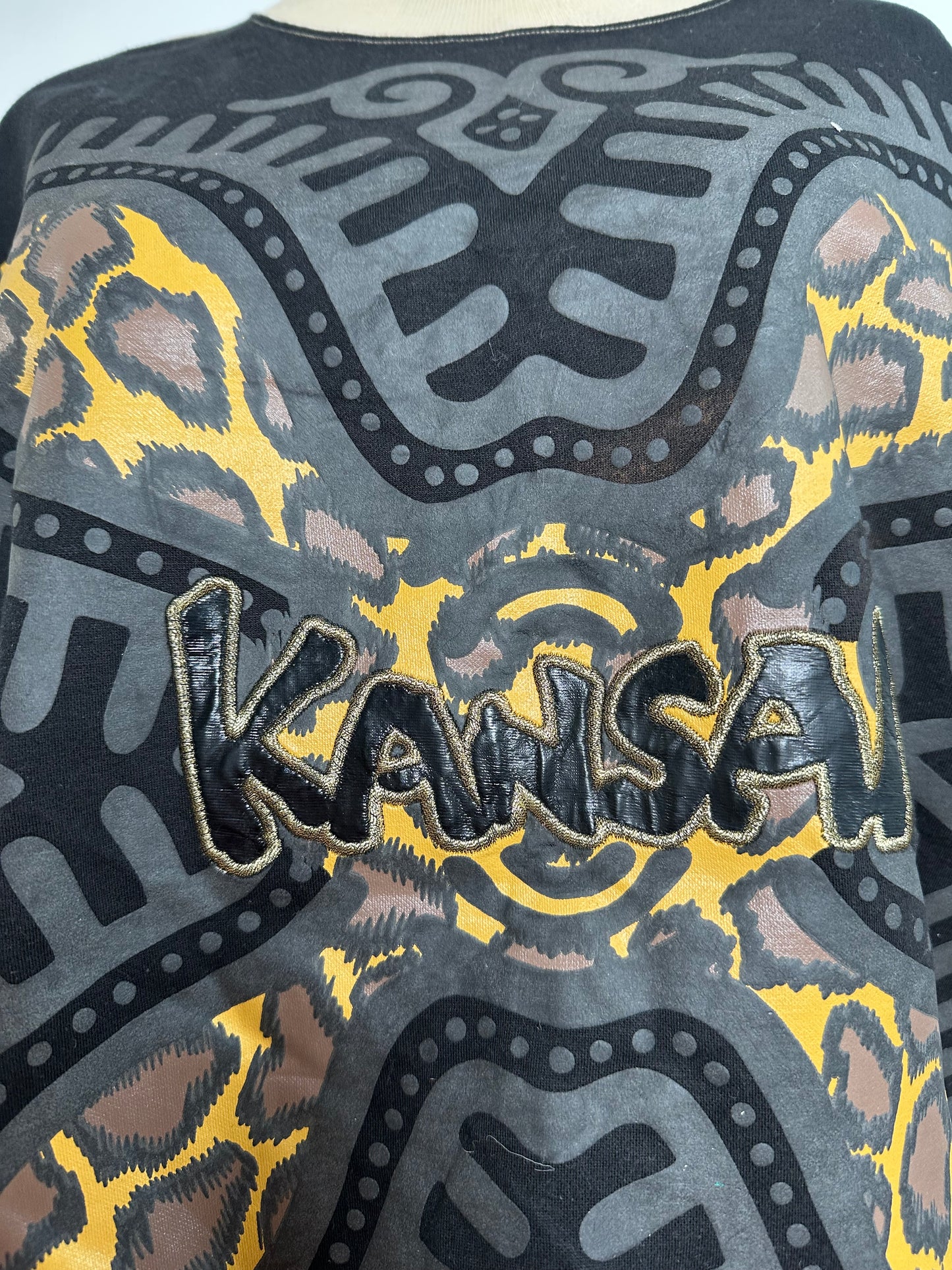 Vintage Kansai Yamamoto Crewneck Sweater Beige Black Abstract M