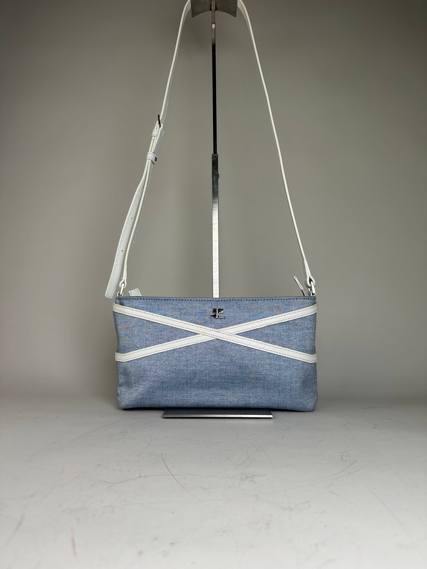 Vintage Courreges Denim Leather Trim Crossbody Bag Light Blue White