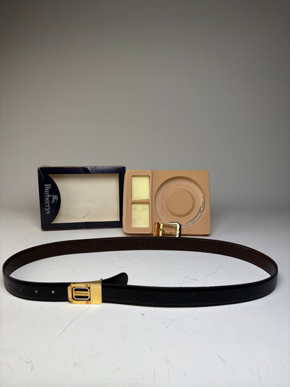 Vintage Burberry Leather Logo Belt Black Brown Gold