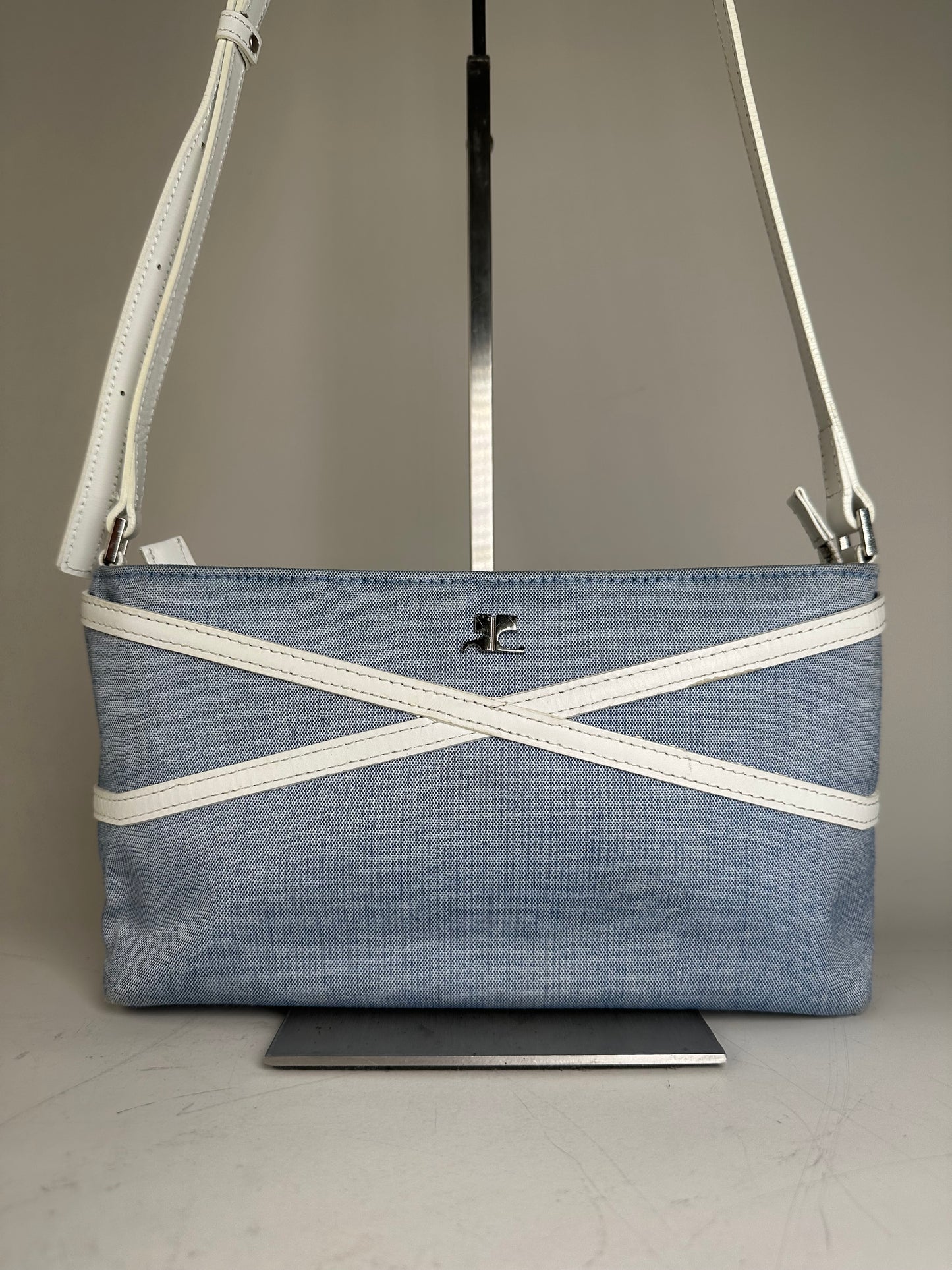 Vintage Courreges Denim Leather Trim Crossbody Bag Light Blue White